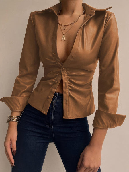 Women's V-Neck Buttoned PU Leather Top with Long Sleeves