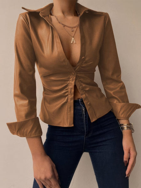 Women's V-Neck Buttoned PU Leather Top with Long Sleeves
