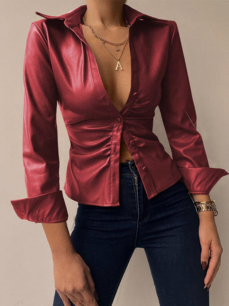 Women's V-Neck Buttoned PU Leather Top with Long Sleeves