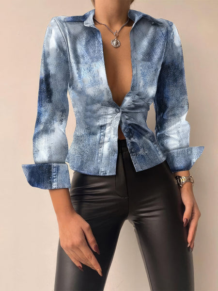 Women's V-Neck Buttoned PU Leather Top with Long Sleeves