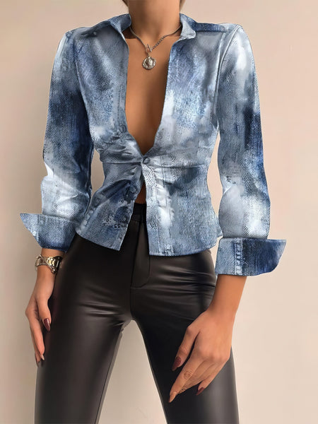 Women's V-Neck Buttoned PU Leather Top with Long Sleeves