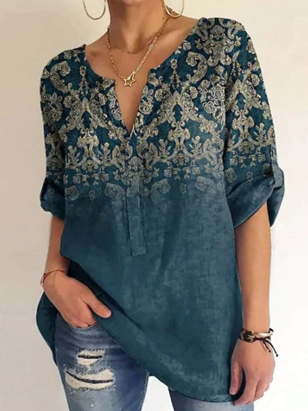 V-Neck Printed Casual Blouse with Long Sleeves