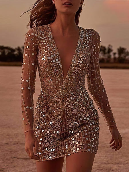 Women's V-Neck Sequin Bodycon Mini Dress with Long Sleeves