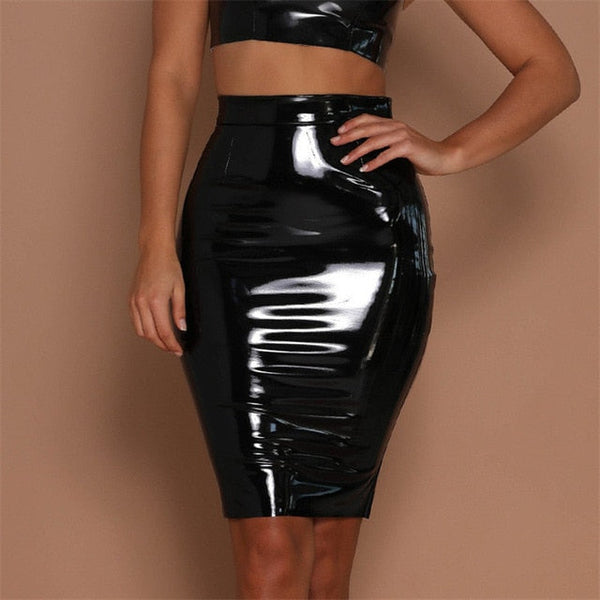 PU Leather Slim Mid Skirt