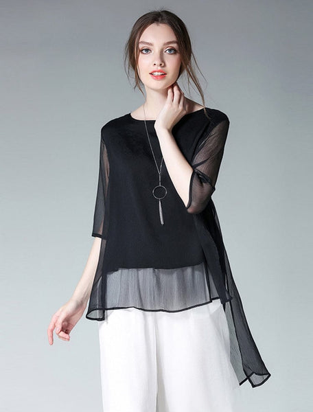 Size Curve Blouses Loose Elegant Round Neck Mid-Sleeved Chiffon Blouse