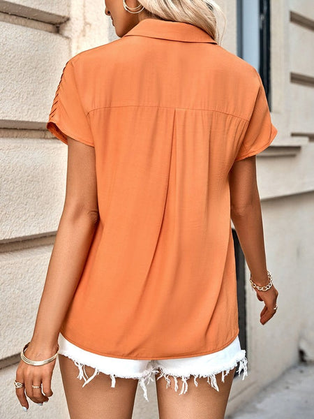 Versatile Solid Collar Loose Fit Blouse with Short Sleeves