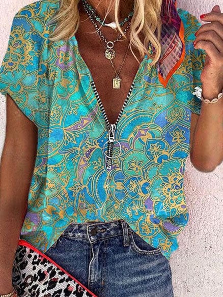 Vibrant Zipper V-neck Loose Short Sleeve T-shirts with Printed Design with practical styling and dependable silhouette control.