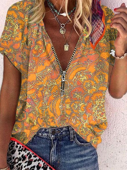 Vibrant Zipper V-neck Loose Short Sleeve T-shirts with Printed Design with practical styling and dependable silhouette control.