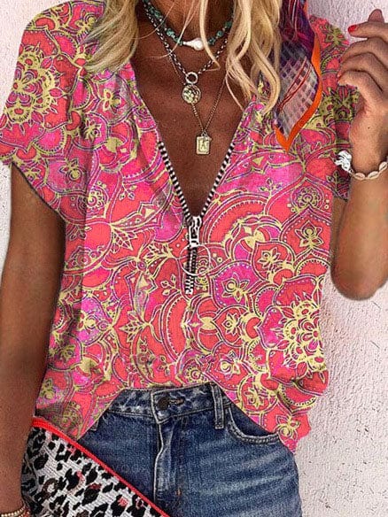 Vibrant Zipper V-neck Loose Short Sleeve T-shirts with Printed Design with practical styling and dependable silhouette control.