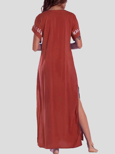 Vintage Print V-Neck Maxi Dress with Slit