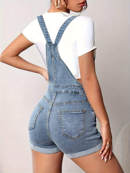 Women's Charcoal Stretch Denim Shortalls with Rolled Hem