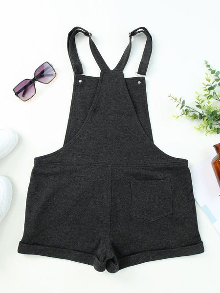 Rolled Hem Slight-Stretch Patch Pockets Casual Denim Jumpsuit
