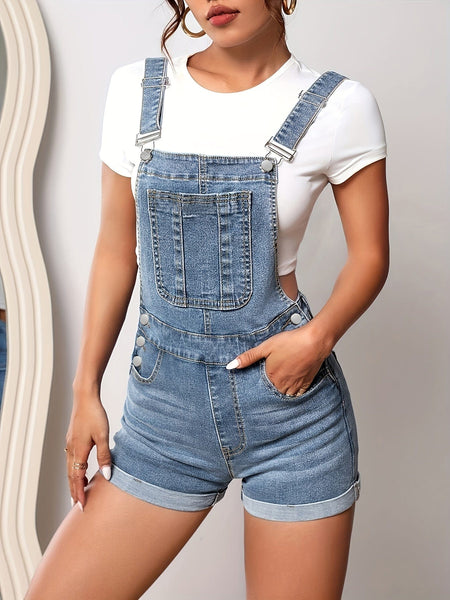 Women's Charcoal Stretch Denim Shortalls with Rolled Hem