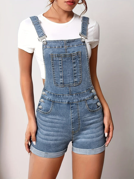 Women's Charcoal Stretch Denim Shortalls with Rolled Hem