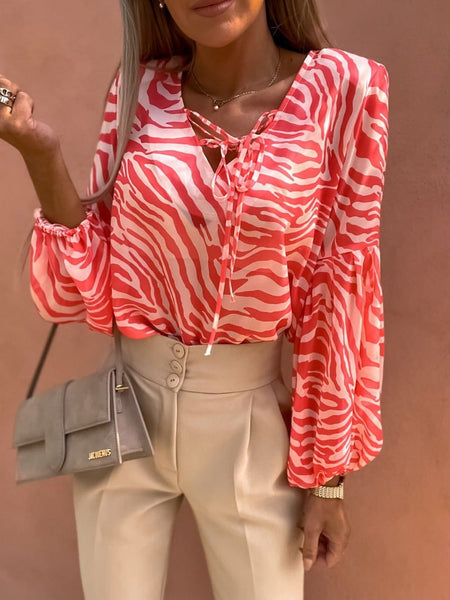 Zebra Patterned Waist-Tie Long Sleeve Top