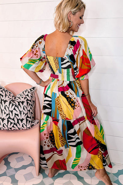 Deep V Neck Lantern Sleeves Slit Dress