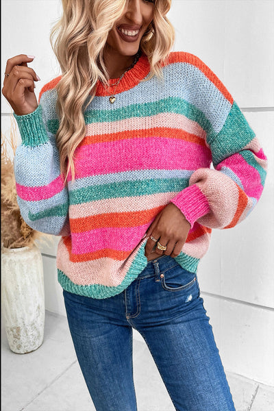Cozy Women's Multicolor Striped Knit Sweater with Drop Shoulders and Puff Sleeves - Chic Casual Style for All Seasons