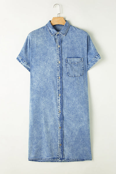 Women's Retro Short Sleeve Denim Midi Shirt Dress