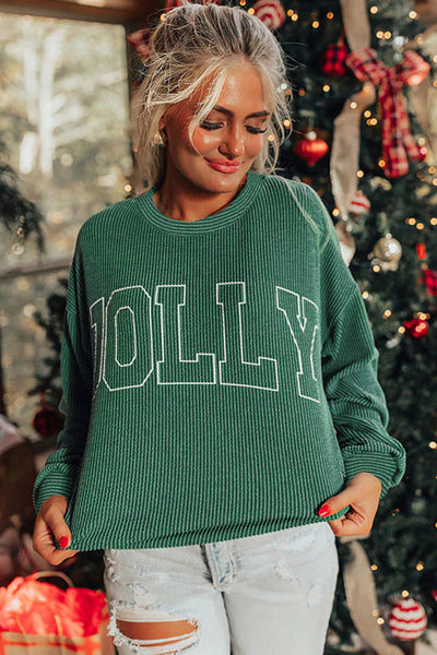 Women's Loose Fit Long Sleeve Twisted Rib Graphic Top in Blackish Green with Merry Letter Design