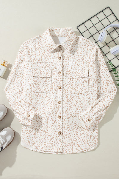 Trendy Beige Leopard Print Corduroy Shacket for Women with Flap Pockets Stylish Layering Essential for Every Wardrobe