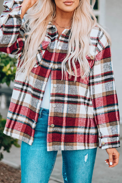 Chic Fiery Red Geometric Plaid Shacket for Women - Stylish Fall Layering Essential with Convenient Pockets