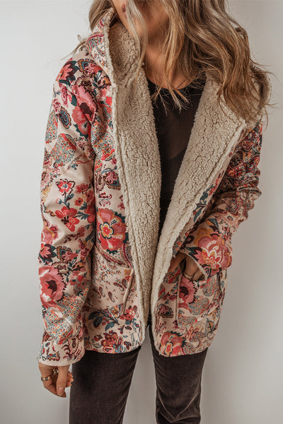 Women's Cozy Beige Vintage Paisley Floral Hooded Jacket with Sherpa Lining for Chic Winter Warmth