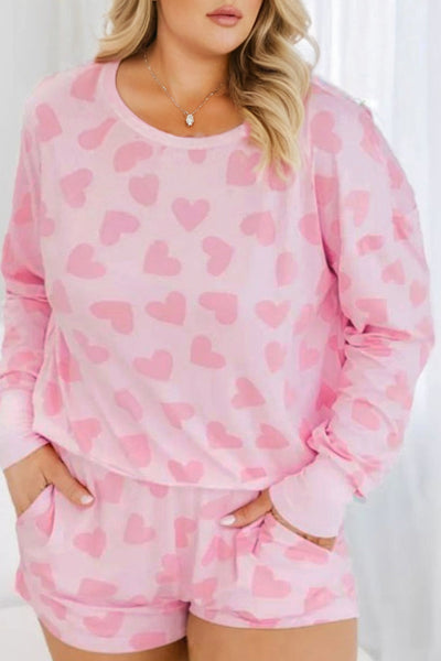 Plus Size Women's Cozy Pink Heart Print Lounge Set - Stylish Long Sleeve Top & Shorts for Valentine‚Äôs Comfort