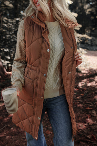 Women's Coffee Longline Quilted Puffer Vest with Stand Collar - Stylish and Warm Outerwear for Fall and Winter