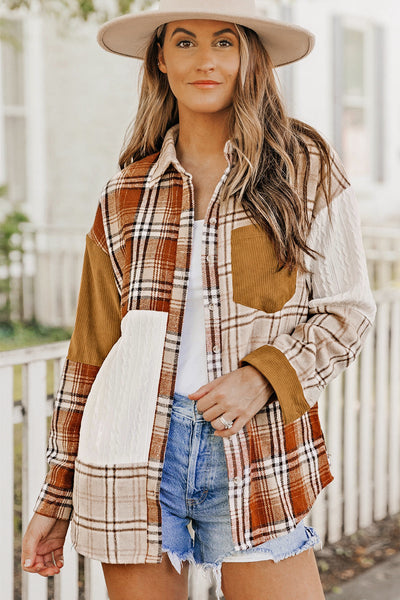 Women's Casual Orange Plaid Color Block Shirt Jacket with Pocket - Versatile Layering Piece for All Seasons