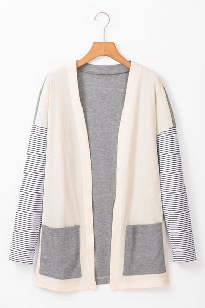 Trendy Women's Black and White Stripe Colorblock Cardigan with Pockets  Stylish Open Front Layer for Casual Chic Outfit