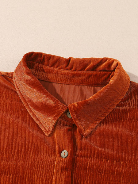 Women's Velvet Orange Lantern Sleeve Button Up Shirt
