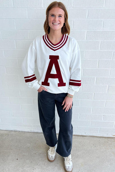 Trendy Women's Red Dahlia Chenille Varsity Sweatshirt with Puff Sleeves & Letter A Graphic Stylish V-Neck Fit