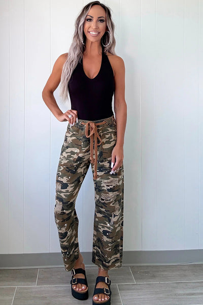 Trendy Women's Green Camouflage Distressed Denim Pants - Casual Loose Fit for Effortless Everyday Style