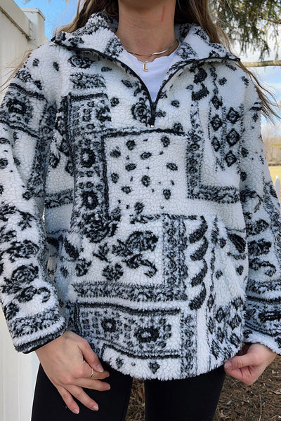 Cozy Oversized Black Sherpa Quarter Zip Sweatshirt for Women with Trendy Western Print Stylish Casual Top