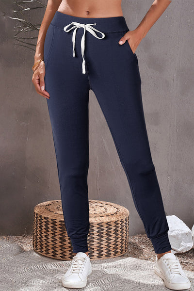 Women's Comfortable Navy Blue Drawstring Joggers with Elastic Waist and Pockets for Casual Everyday Style