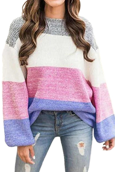 Chic Pink Long Sleeve Knitted Sweater for Women - Casual Round Neck Top with Soft Comfort and Trendy Style