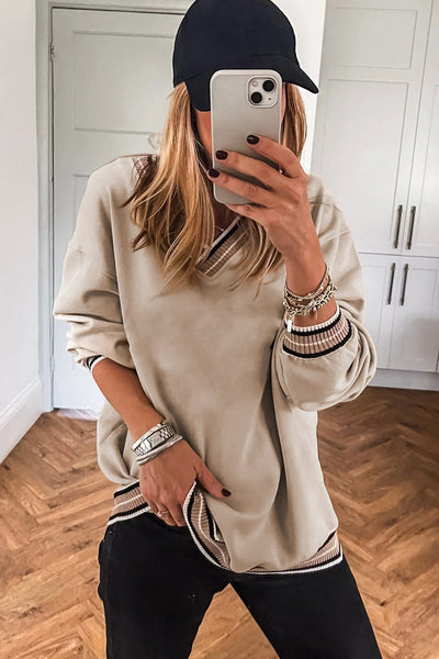 Women's Stylish Parchment Varsity V-Neck Sweatshirt with Contrast Striped Trim - Comfortable Casual Wear Top