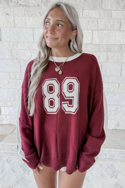 Cozy Women's Red Color Block Knit Pullover Sweater - Loose Fit Drop Shoulder for Casual Chic Style
