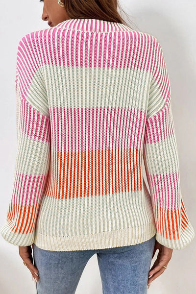 Cozy Women's Pink Colorblock Bubble Sleeve Sweater - Textured Knit for Stylish Fall and Winter Fashion