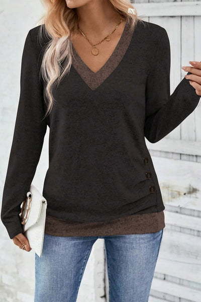 Women's Chicory Coffee V-Neck Color Block Top with Button Detail