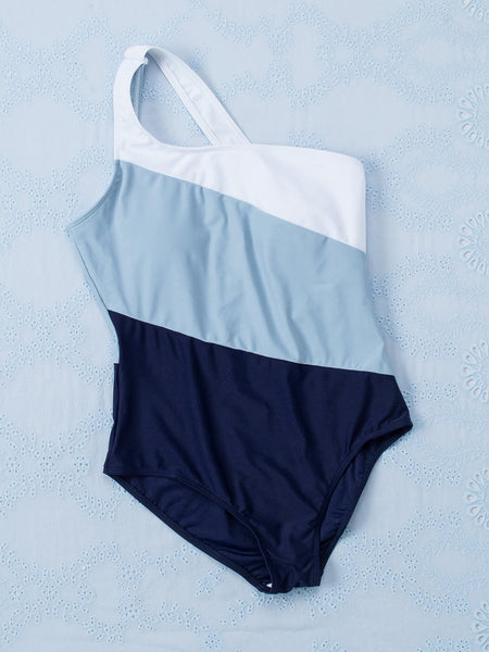 Sky Blue Color Block One Shoulder Backless Swimsuit for Women
