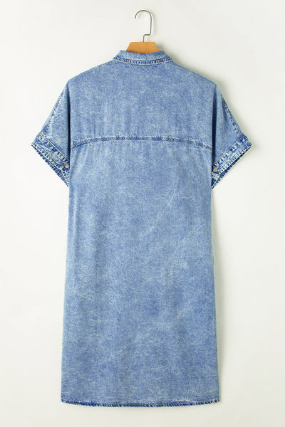 Women's Retro Short Sleeve Denim Midi Shirt Dress
