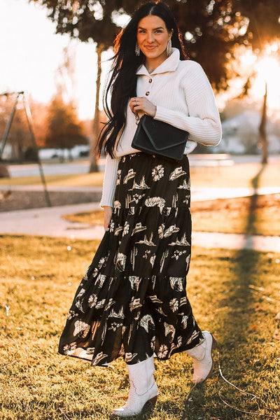 Women's Black Western Print Tiered Ruffled High Waist Maxi Skirt