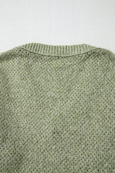 Women's Cozy Jungle Green Loose Eyelet V-Neck Sweater - Stylish Drop Shoulder Knitwear for Effortless Casual Chic