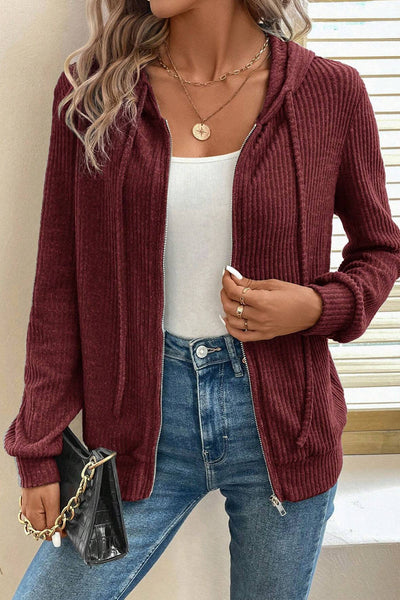 Women's Red Dahlia Ribbed Zip-Up Hoodie with Drawstring - Stylish and Comfortable Casual Wear for Everyday Fashion