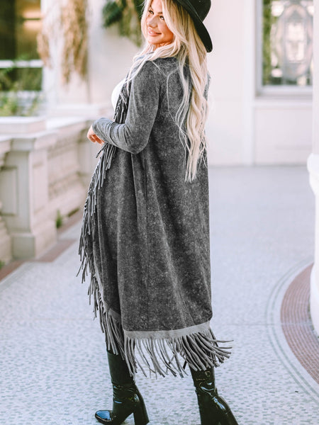 Women's Chic Black Fringed Hem Cardigan with Pockets