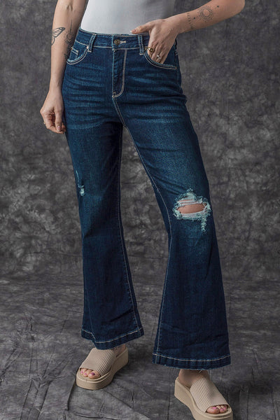 Trendy Women's Real Teal High Rise Ripped Bell Bottom Jeans - Vintage Style for a Flattering, Chic Fit