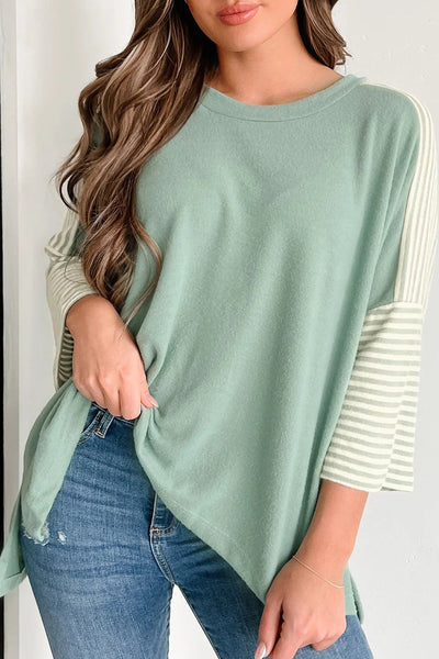 Women's Casual Aqua Striped Oversized Tee with Bracelet Sleeves & Stylish Patchwork Design for Effortless Everyday Wear