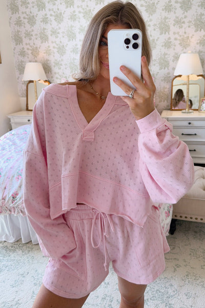 Women's Light Pink Pointelle Long Sleeve Top & Drawstring Shorts Set - Stylish Casual 2-Piece Outfit for Comfort