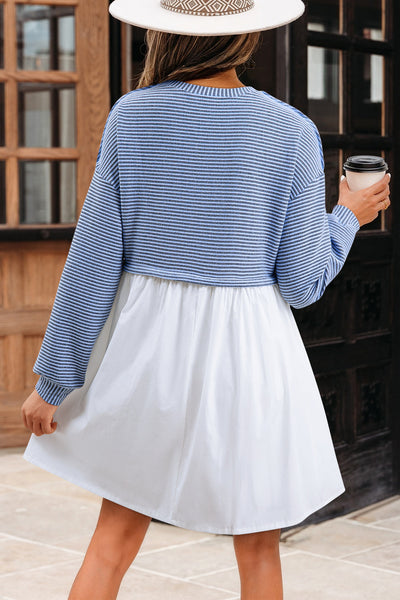Women's Sky Blue Striped Patchwork Mini Dress with Pockets